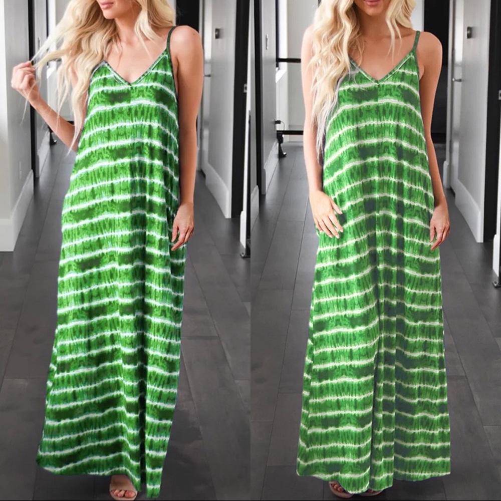 Tie Dye Striped Slip Maxi Dress Green